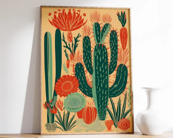 Vintage Mexican Cactus Art Print, Traditional Decor