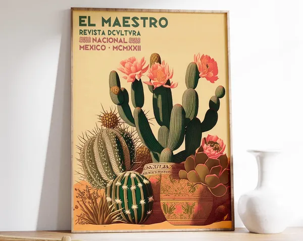 Vintage Mexican Cactus Poster, Traditional Floral Decor