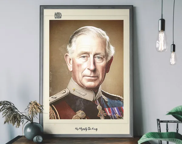 King Charles III Portrait, Vintage Coronation Art Print