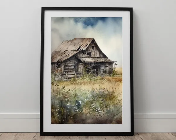 Old Barn Watercolor Art Print, Rustic Farmhouse