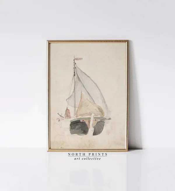 Antique Nautical Watercolor Boat, Coastal Farmhouse Art Print