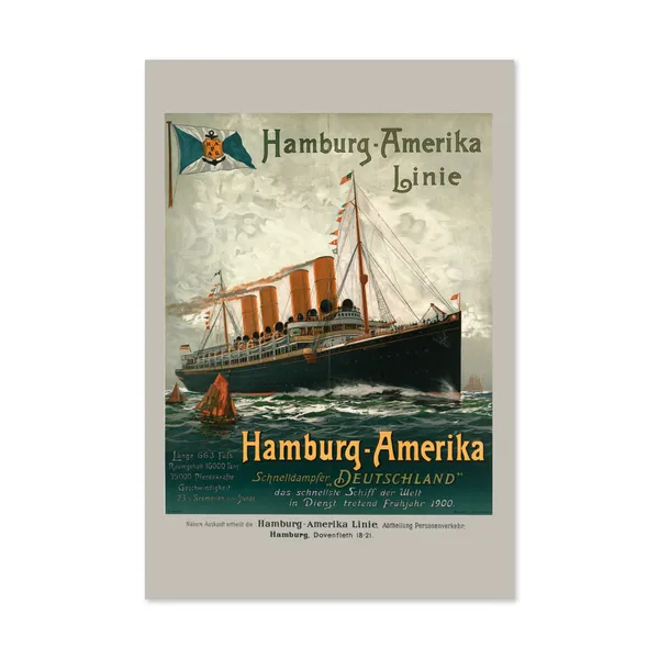 1900 Hamburg Amerika Line Vintage Travel Poster, Ocean Liner