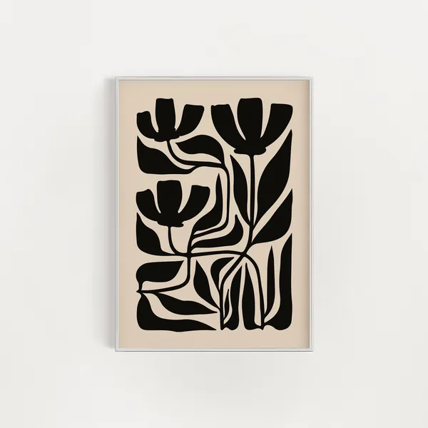 Abstract Botanical Flowers Art Print, Black Beige