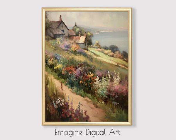 European Hillside Cottage by a Peaceful Lake Art Print