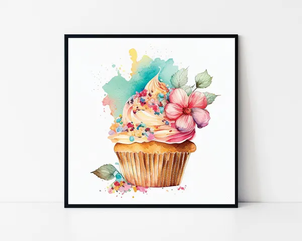 Watercolor Cupcake With Flowers Art Print, Kitchen Decor