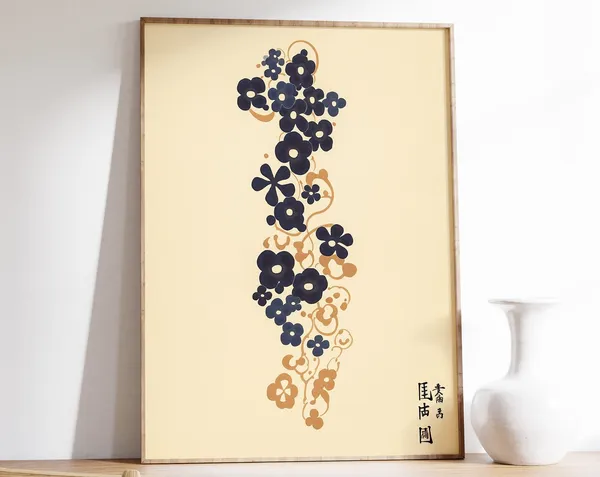 Japanese Floral Abstract Art Print, Vintage Asian Decor