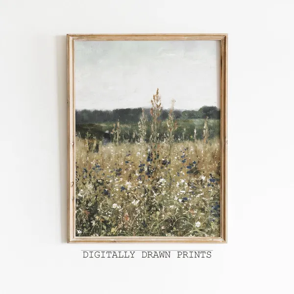 Spring Wildflower Field Landscape Painting, Vintage Farmhouse
