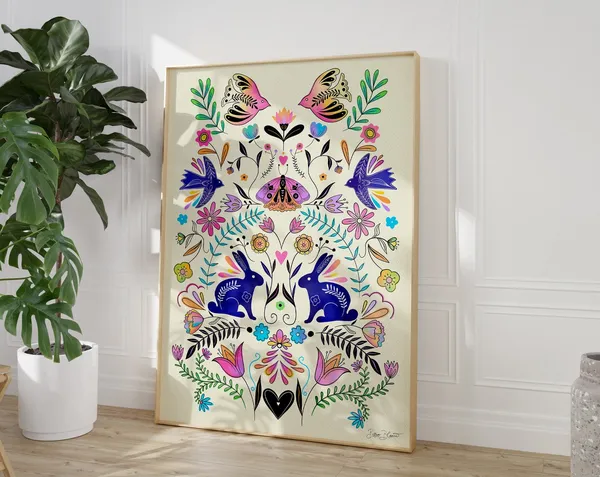 Folk Art Modern Floral Poster, Nordic Boho Pattern