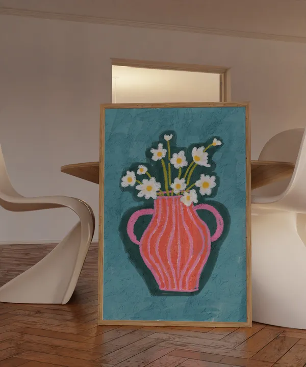 Floral Vase Art Print, Colorful Abstract Oil Pastel