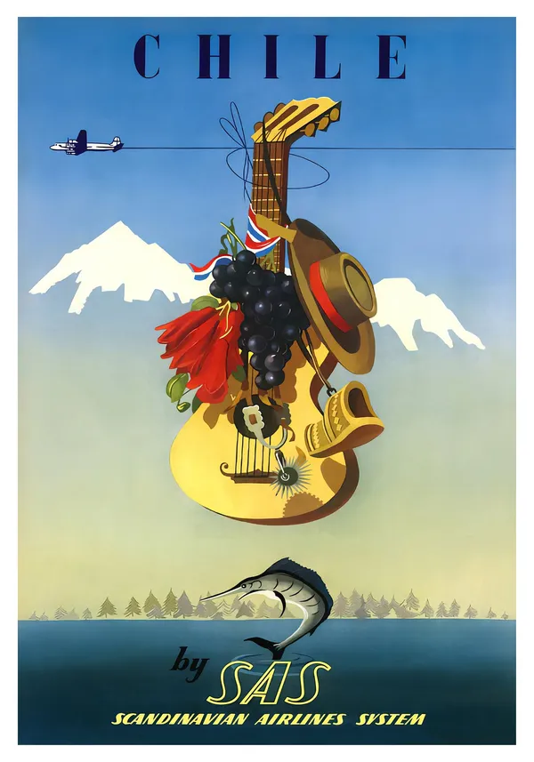 Chile Vintage Travel Poster, Retro Art Deco Print