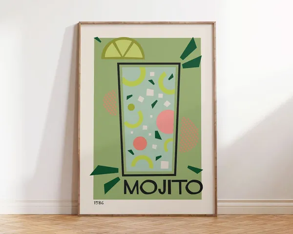 Mojito Retro Cocktail Poster, Kitchen Bar Cart Decor