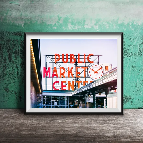 Pike Place Market Seattle Travel Poster, Neon Sign
