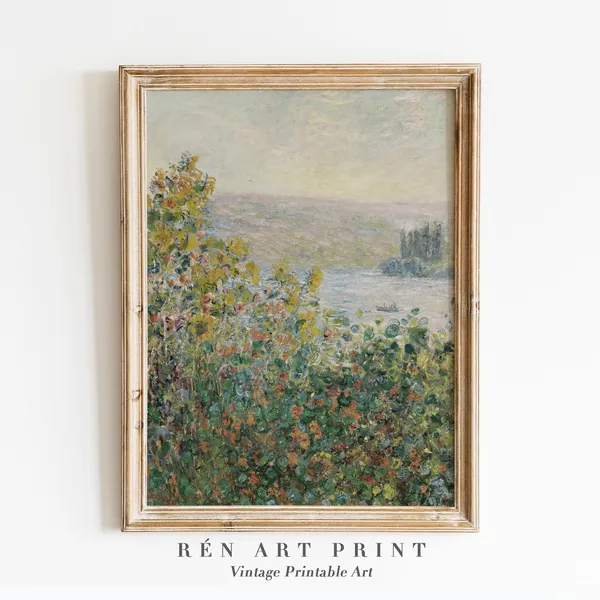 Vintage Wildflower Landscape Art Print, Farmhouse Style