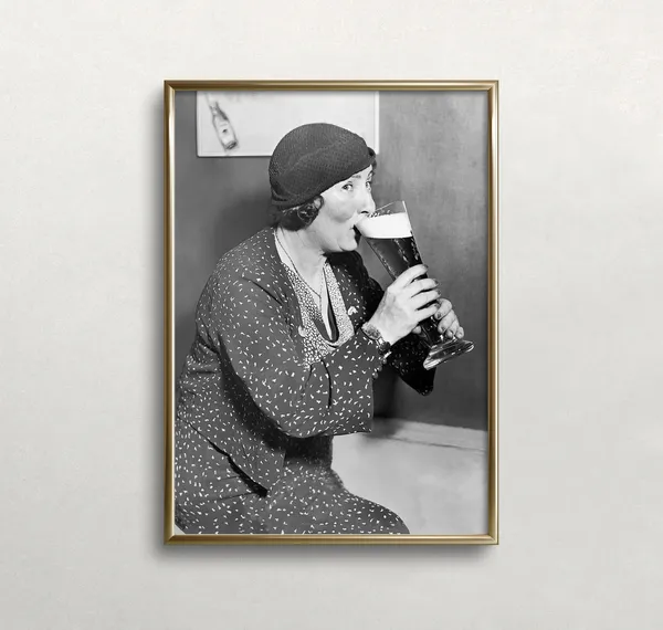 Woman Drinking Beer, Vintage Black And White Art Print