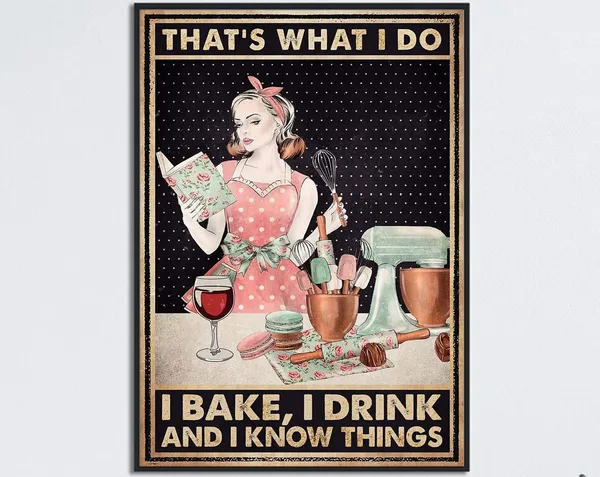 Girl Baking, Drinking Wine Kitchen Wall Art Print