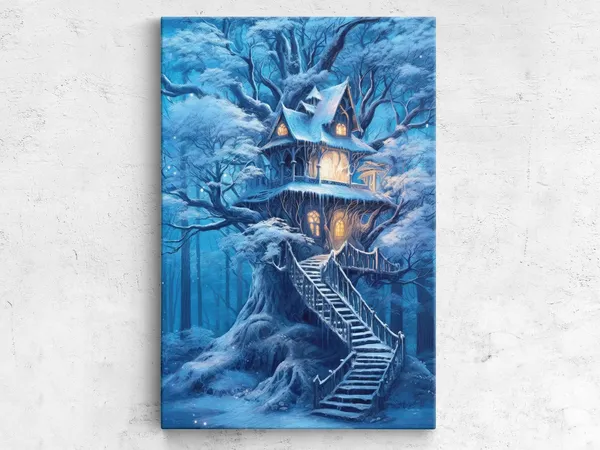 Snow-Covered Treehouse in Winter, Holiday Wall Art Print