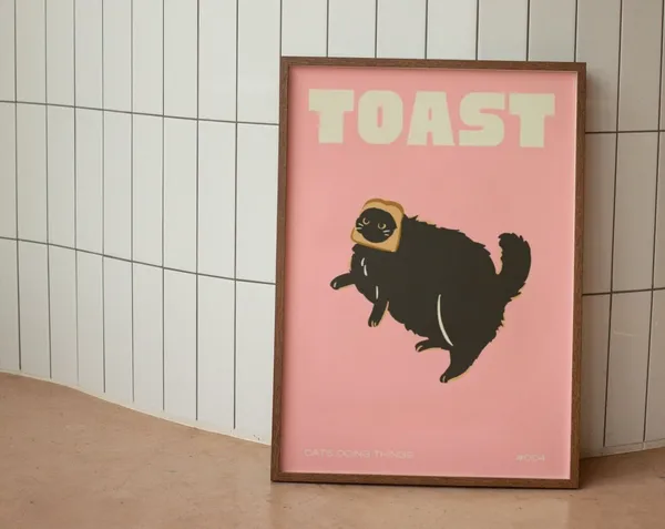 Pink Toast Cat Wall Print, Black Cat Lover Gift