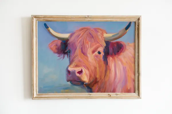 Pink Highland Cow Maximalist Art Print, Funny Decor