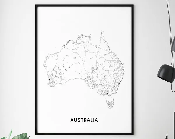 Australia Map Art Print, Black White Contemporary