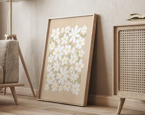 Neutral Beige Daisies Boho Floral Art Print