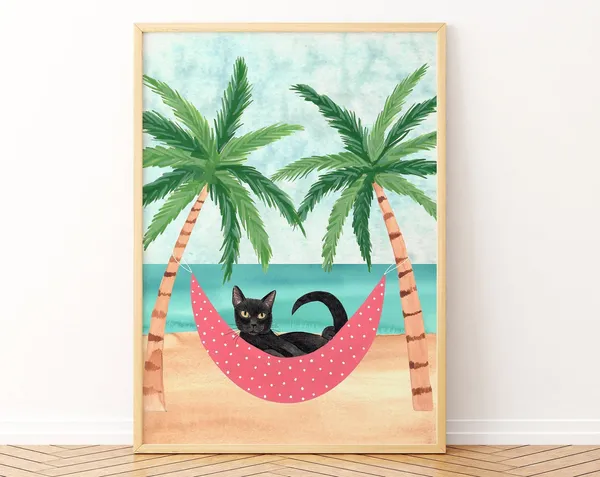 Black Cat Art Print, Tropical Summer Decor