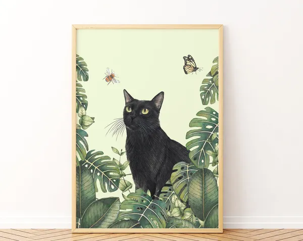 Black Cat Jungle Illustration Art Print, Tropical Decor