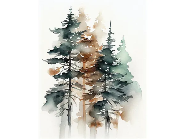 Pine Trees Watercolor Foggy Forest Landscape Art Print