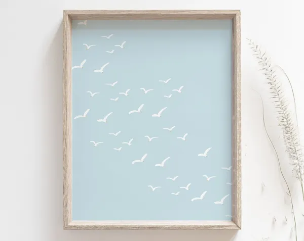 Seagull Flock in the Sky Coastal Art Print