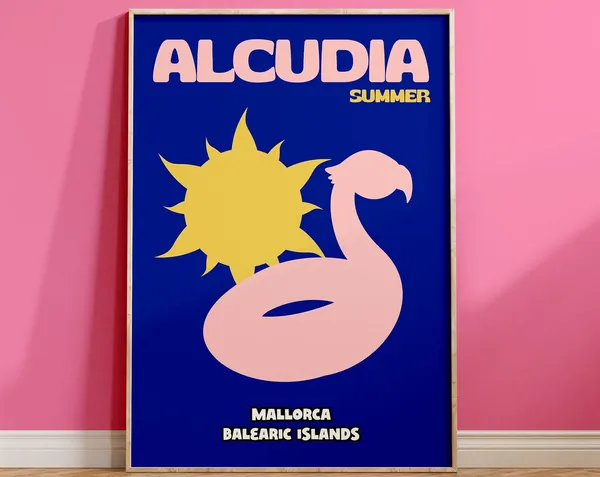 Alcudia Mallorca Travel Poster, Retro Summer Beach