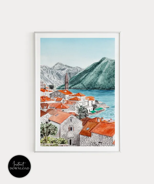 Perast, Montenegro Watercolor Landscape Travel Poster