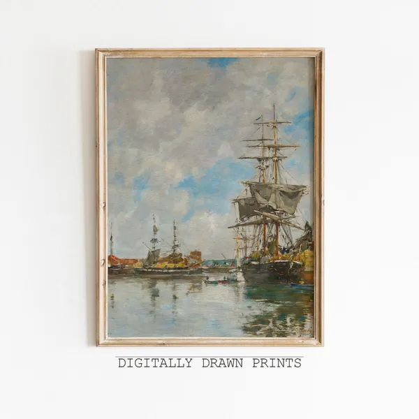 Antique Sailboat Painting, Vintage Coastal Wall Art