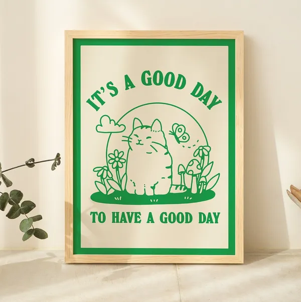 Cat Illustration Happiness Quote Poster, Cottagecore Decor