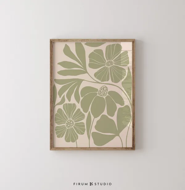 Muted Green Abstract Botanical Art Print, Boho Floral