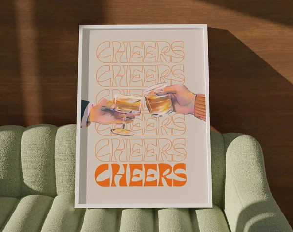 Neutral Bar Cart Retro Cheers Whiskey Art Print