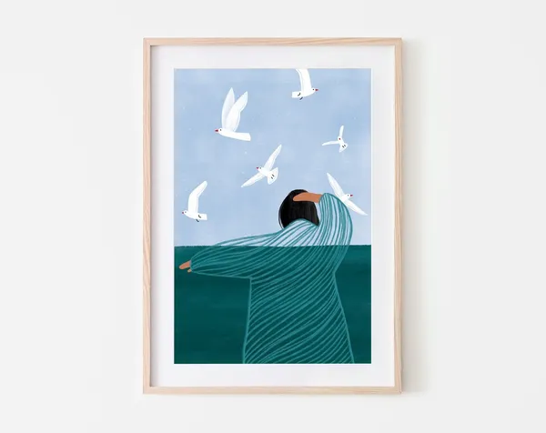 Seaside Mindful Art Print, Woman Ocean and Birds