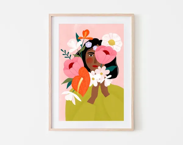 Woman Hiding Behind Flowers Botanical Art Print