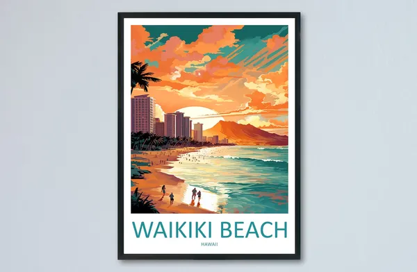 Waikiki Beach Travel Poster, Hawaii Wall Art Print