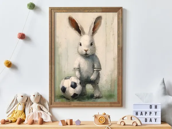 Baby Rabbit Football Player Vintage Nursery Art Print