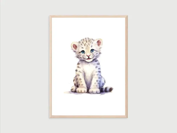 Baby Snow Leopard Watercolor Nursery Animal Art Print