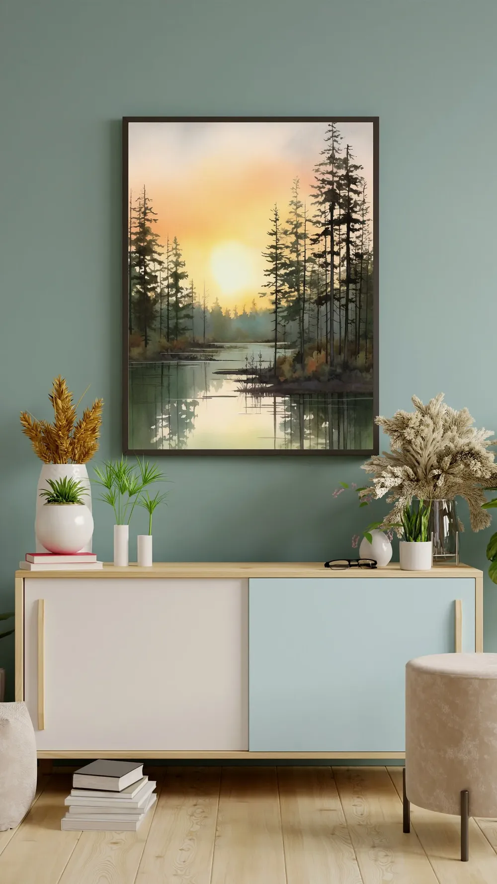 Pine Forest Ink Painting Twilight Lake Reflection Art Print