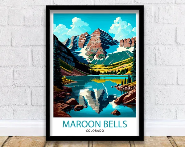 Maroon Bells Colorado Travel Poster, Mountain Landscape