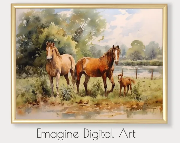 Stallion Mare And Foal Watercolor Horse Art Print