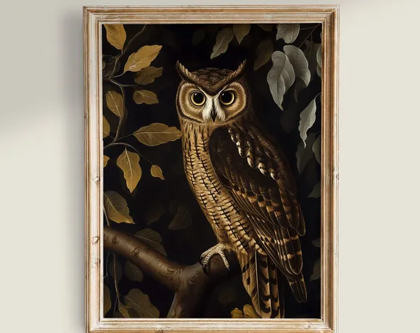 Antique Owl Painting, Vintage Dark Academia Art Print