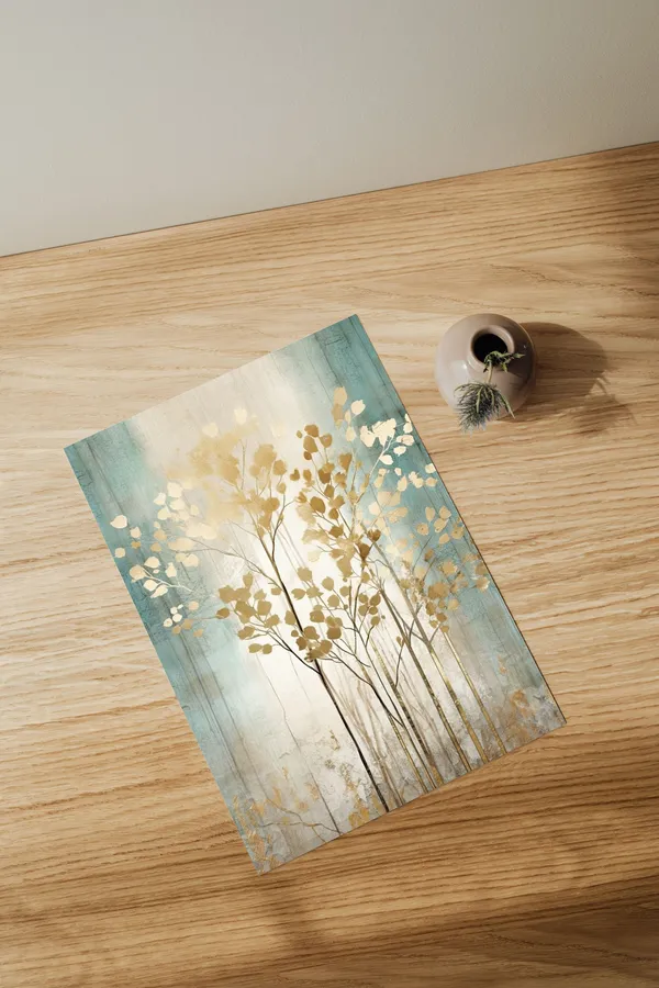 Golden Trees On Turquoise Modern Nature Poster