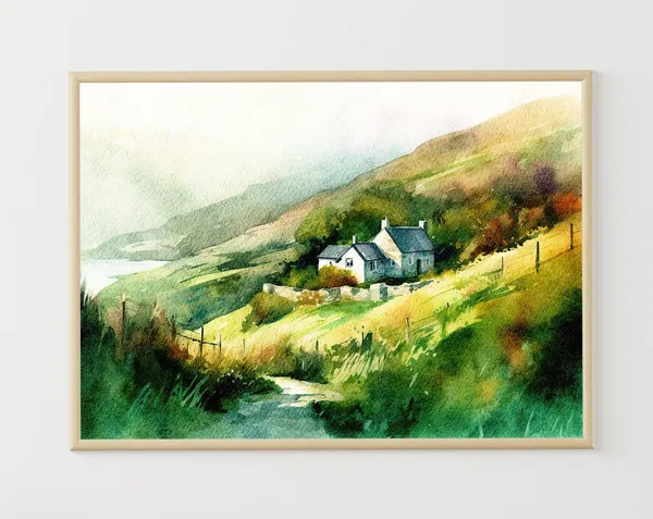 Ireland Cottage Watercolor Landscape Art Print