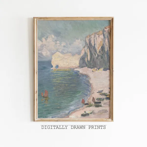 Seaside Beach Vintage Oil Painting, Coastal Art Print