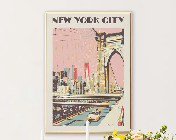 New York Retro NYC Poster, Brooklyn Bridge Print