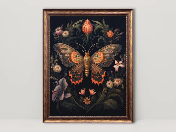 Atlas Moth, Dark Floral Gothic Cottagecore Art Print