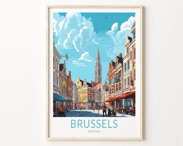 Brussels City Travel Poster, Belgium Cityscape Art
