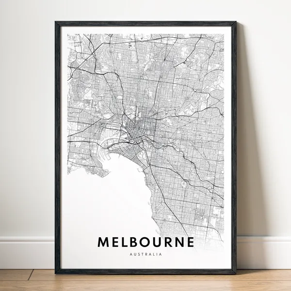 Melbourne Minimal Map Art Print, Black And White